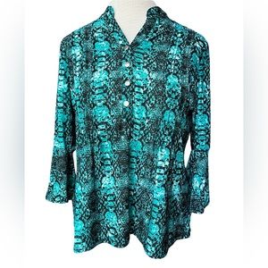 NY Collection  3/4 Bell Sleeve Printed Pleated Y Neckline Top New with Tag